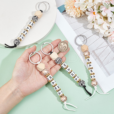 4Pcs 2 Colors Wood and Plastic Beads Keychain Decorationes AJEW-SP0001-40-1