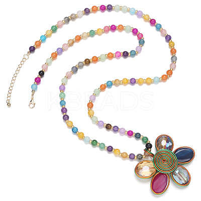 Glass Round Beaded Alloy Flower Pendant Long Necklaces for Women FS-WG02E2E-01-1