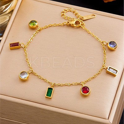 304 Stainless Steel Pave Colorful Cubic Zirconia Rectangle Flat Round Charm Bracelets for Women WG5257D-01-1