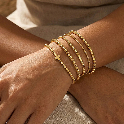 5Pcs 5 Styles Summer Brass Cross Round Beaded Stretch Bracelet Sets FV3491-1