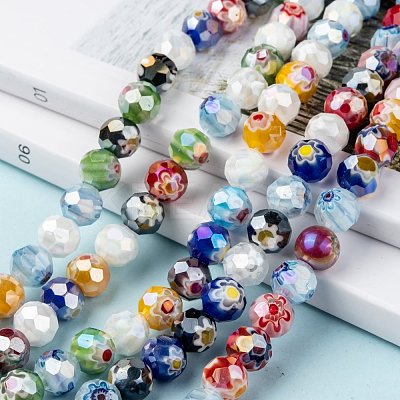 Faceted Round Handmade Millefiori Glass Beads Strands LK-R004-41-1