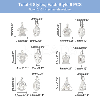 36Pcs 6 Style 304 Stainless Steel Pendant Rhinestone Settings STAS-UN0027-86-1