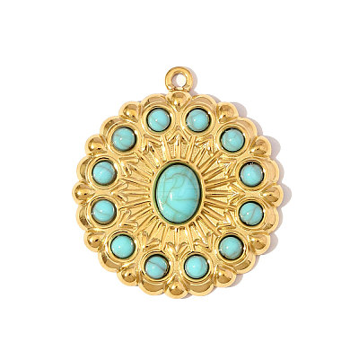 304 Stainless Steel with Synthetic Turquoise Pendants STAS-OY006-52G-1