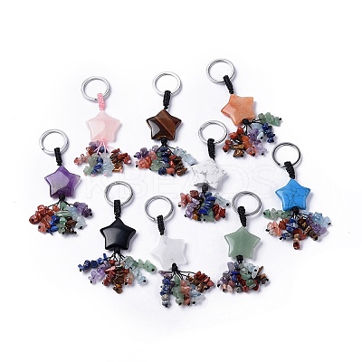 Natural & Synthetic Mixed Gemstone Star with Mixed Gemstone Chips Beaded Tassel Keychains KEYC-P012-01P-1
