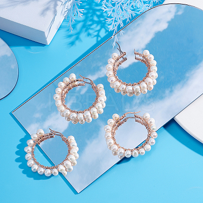 2 Pairs Natural Pearl Braided Big Hoop Earrings EJEW-UN0002-09-1