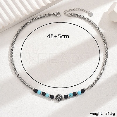 Vintage Stainless Steel Lion Head Synthetic Turquoise Beaded Necklaces for Daily Wear RE8063-1-1