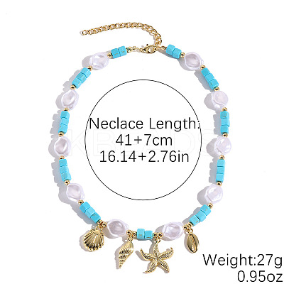 Ocean Shell Shape & Starfish Alloy Pendant Plastic Pearl & Dyed Synthetic Turquoise Square Beaded Necklaces FS-WG16541-01-1