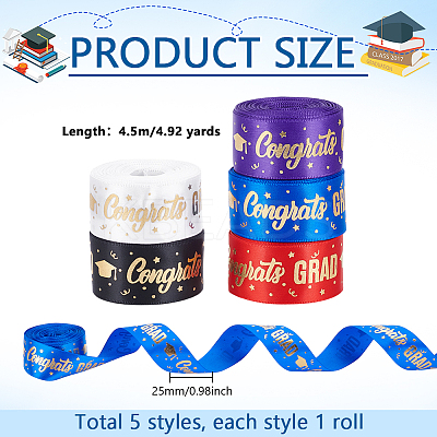 5 Rolls 5 Colors Gold Stamping Congrats Polyester Printed Ribbons OCOR-PH0004-41-1