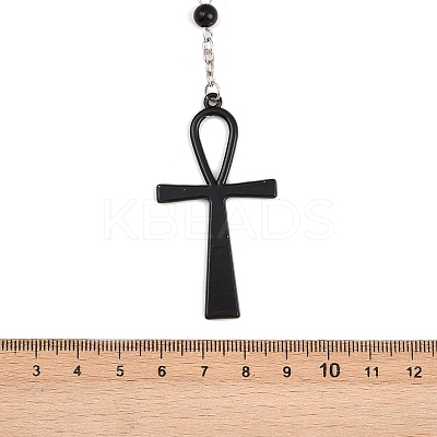 Alloy and Iron Ankh Cross Heart with Bat Wings Pendant Black Round Acrylic Rosary Bead Necklaces NJEW-D335-01BP-1