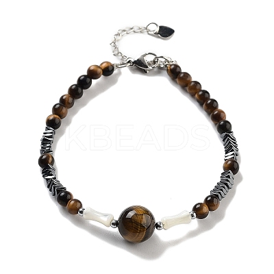 Natural Tiger Eye Round & Synthetic Non-magnetic Hematite & White Shell Beaded Bracelets for Women BJEW-K251-02G-1