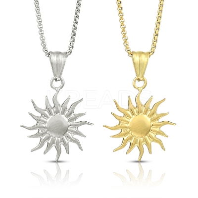 304 Stainless Steel Sun Pendant Box Chain Necklaces for Women Men NJEW-YW00002-01-1