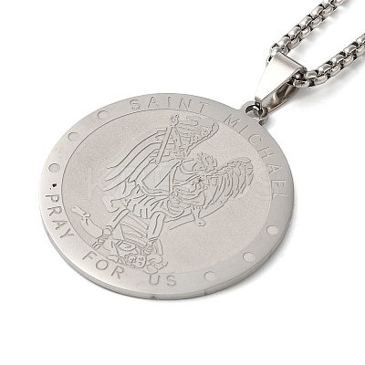 Non-Tarnish Flat Round 201 Stainless Steel Saint Michael Medal Pendant Necklaces for Women and Men LS-NJEW-F324-08P-1