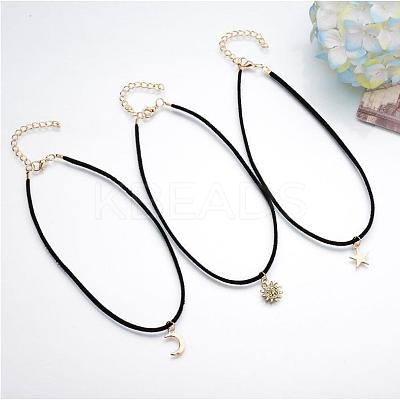 3Pcs 3 Styles Moon Star Sun Alloy Pendant Faux Suede Cord Multi-Strand Choker Necklaces for Women FS-WG071C8-01-1