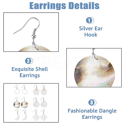 6 Pairs 6 Style Natural Shell Geometry Dangle Earrings EJEW-FI0001-79-1