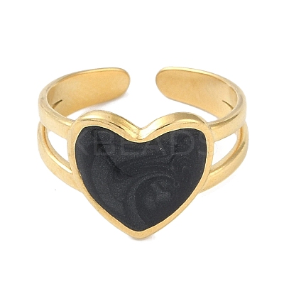 Ion Plating(IP) 304 Stainless Steel Enamel Heart Cuff Finger Rings RJEW-L107-059G-02-1