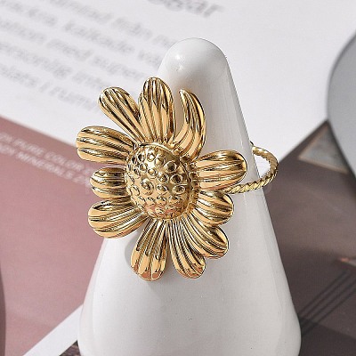 Flower 304 Stainless Steel Open Cuff Ring for Women LS-RJEW-M049-04G-1