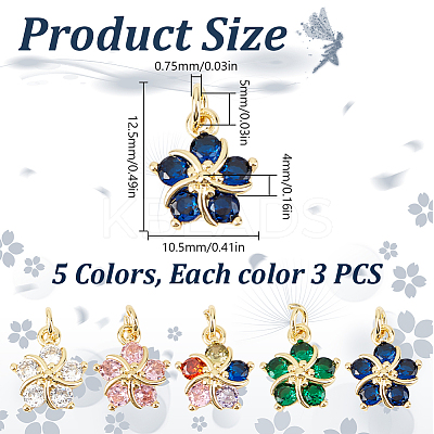 15Pcs 5 Colors Brass Clear Cubic Zirconia Pendants ZIRC-DR0001-06-1