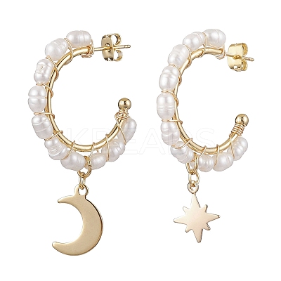 Moon & Star Natural Pearl Dangle Half Hoop Earrings EJEW-JE05895-01-1