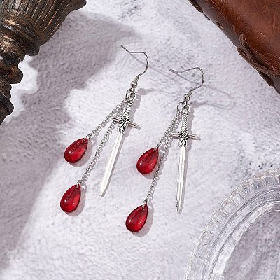 Teardrop with Sword Alloy Dangle Earrings EJEW-JE06311-1