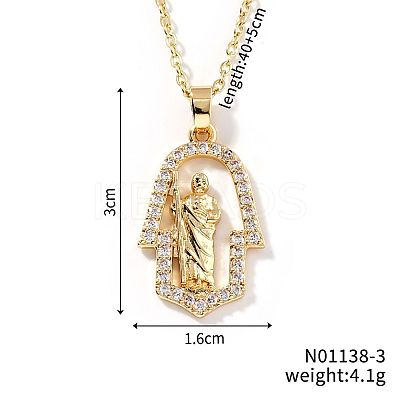 Shiny Brass Micro Pave Clear Cubic Zirconia Hollow Hamsa Hand Vintage Statue Pendant Necklaces DN8896-3-1