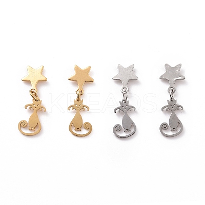 304 Stainless Steel Cat with Star Dangle Stud Earrings for Women EJEW-G328-10-1