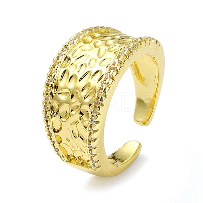 Textured Brass with Cubic Zirconia Open Cuff Ring RJEW-B051-16G-1