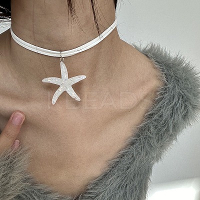 Bohemian Resin Starfish Pendant Double Strands White Imitation Leather Cord Necklaces for Beach FS-WG78CDF-01-1