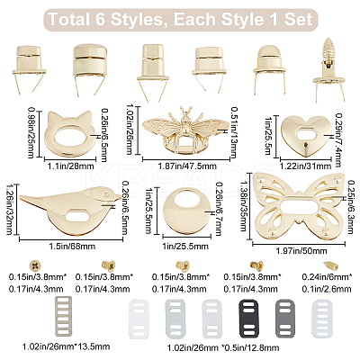 6Sets 6 Styles Zinc Alloy Bag Twist Lock Accessories AJEW-GF0007-02-1