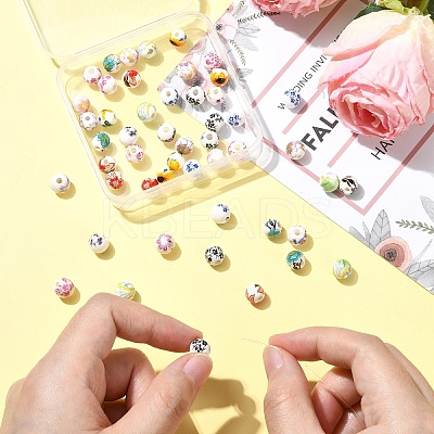 50Pcs 10 Colors Floral Printed Porcelain Beads PORC-YW0001-57-1