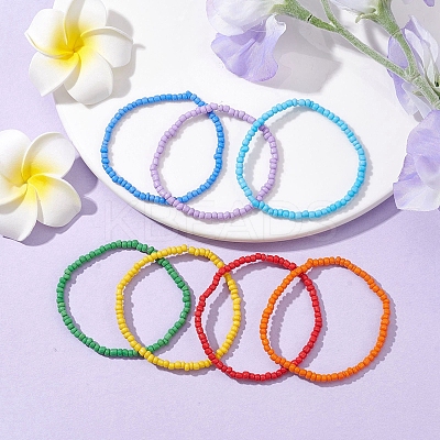 7 PCS Rainbow Style Glass Seed Beads Bracelets Sets for Women BJEW-JB10065-01-1