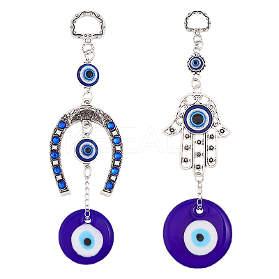2Pcs 2 Style Hamsa Hand/Hand of Miriam/Horse Shoe Pendant Decorations AJEW-CA0003-50-1