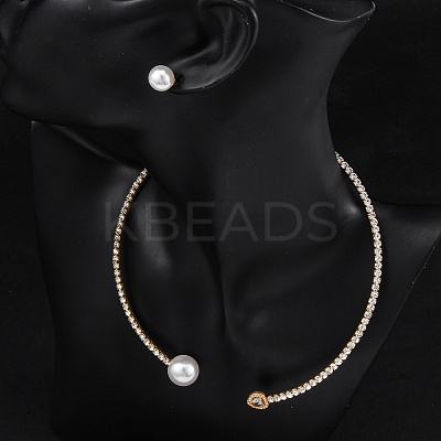 Round Plastic Imitation Pearl Stud Earrings & Cubic Zirconia and Rhinestone Heart Cuff Choker Necklaces Sets SJEW-U003-01G-1