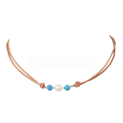 Synthetic Turquoise & Natural Pearl Round Beaded 2-Strand Cowhide Leather Cord Necklaces for Women NJEW-JN05828-1