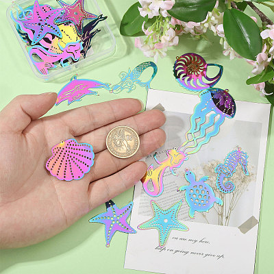 20Pcs 10 Styles Ion Plating(IP) 201 Stainless Steel Etched Metal Embellishments Pendants STAS-CA0002-35-1