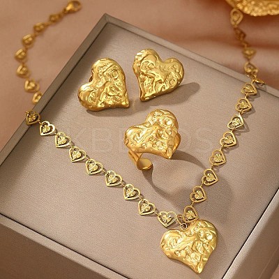 Heart 304 Stainless Steel Pendant Necklaces & Stud Earrings & Cuff Ring Sets for Women LS-SJEW-F226-01G-1