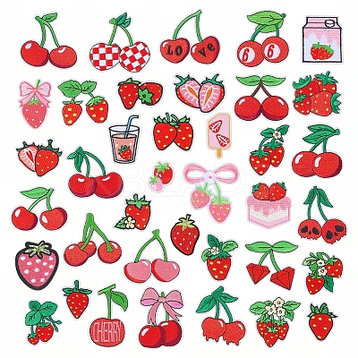 38Pcs 2 Sets 2 Styles Strawberry & Cherry Polyester Embroidered Cloth Patch PATC-WR0001-32-1