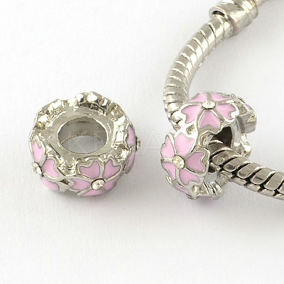 Enamel Flat Round with Flower Platinum Tone Alloy Large Hole Beads MPDL-R036-90G-1