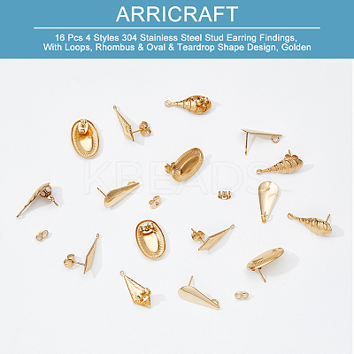 16Pcs 4 Style 304 Stainless Steel Stud Earring Findings STAS-AR0001-40-1