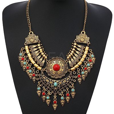 Ethnic Style Zinc Alloy Pave Synthetic Turquoise Teardrop Statement Chunky Bib Necklaces for Women FS-WG23959-02-1