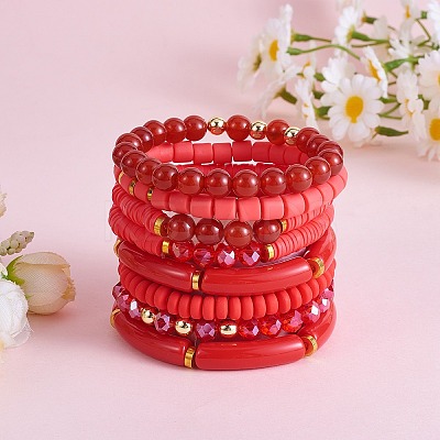 8Pcs 8 Style Natural Red Agate & Glass & Polymer Clay Heishi Surfer Stretch Bracelets Set BJEW-SW00083-1