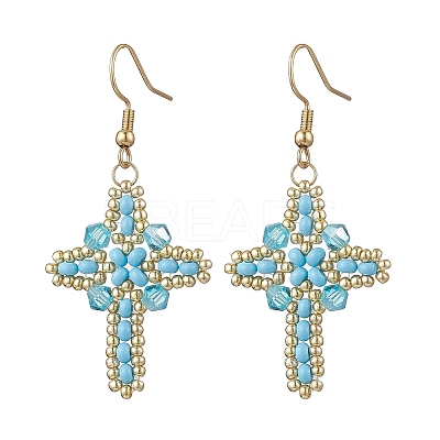 304 Stainless Steel Glass Seeds Cross Dangle Earrings EJEW-MZ00506-06-1