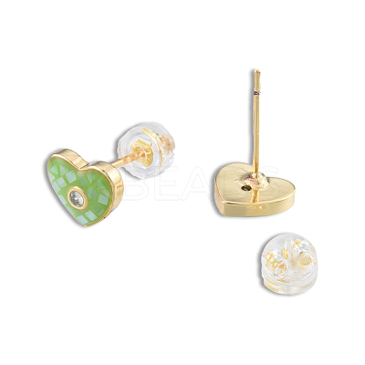 Natural Shell & Enamel Heart Stud Earrings with Cubic Zirconia EJEW-N011-79B-1