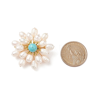 Synthetic Green Turquoise & Natural Pearl Braided Bead Flower Lapel Pin JEWB-TA00006-01-1