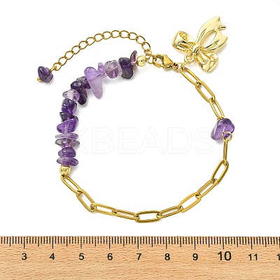 Natural Mixed Stone Chip Beads 304 Stainless Steel Paperclip Chain Bracelets with Alloy Bowknot Charms BJEW-JB14187-1