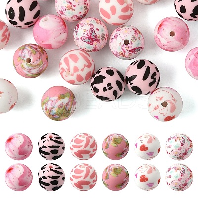 24Pcs 6 Styles Printed Round Silicone Focal Beads SIL-YW0001-78B-1