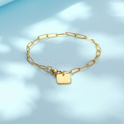 304 Stainless Steel Blank Square Charm Bracelet with Paperclip Chains QF7872-1-1