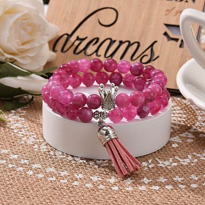 Dyed Natural Chalcedony Round Beads Stretch Bracelets Set for Girl Women BJEW-JB07058-1