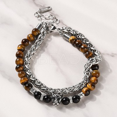 304 Stainless Steel Wheat Chain & Round Natural Tiger Eye and Natural Obsidian Beaded Double Strand Bracelets BJEW-C119-02-1