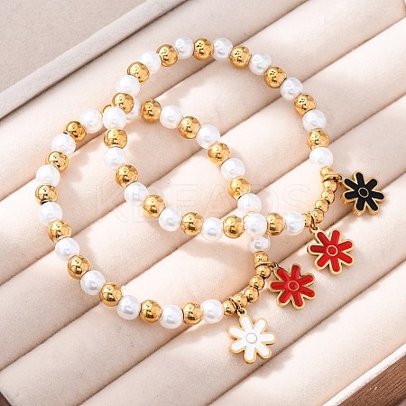 201 Stainless Steel Round Beaded Stretch Bracelets BJEW-C090-03G-F-1