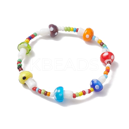 3mm Round Glass Seed Beads & Mushroom Handmade Lampwork Stretch Bracelets for Women BJEW-TA00523-1